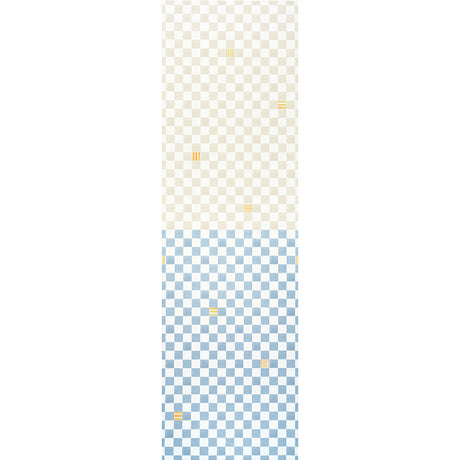 Gambit Panel wallpaper in sand and soft blue by Schumacher, featuring a painterly checkered pattern with yellow accent stripes.