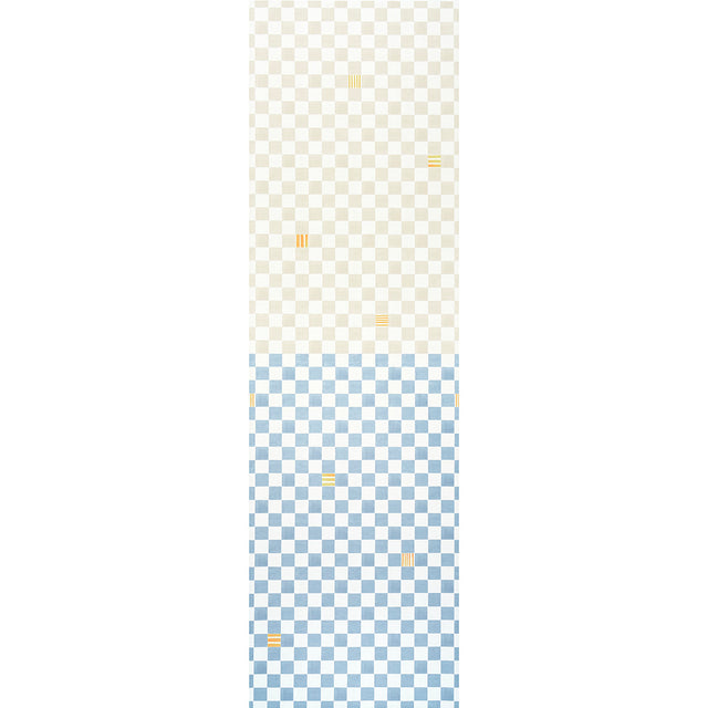 Gambit Panel wallpaper in sand and soft blue by Schumacher, featuring a painterly checkered pattern with yellow accent stripes.