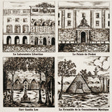 Architectural vignette wallpaper in newsprint colorway by Johnson Hartig for Schumacher, featuring hand-colored trompe l'oeil grid design.
