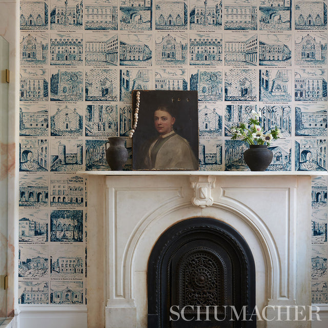 Architecturra Teal by Johnson Hartig Architectural Vignette Wallpaper – Schumacher 5014272