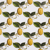 Le Citron Ivory wallpaper by Johnson Hartig for Schumacher, featuring a whimsical lemon and leafy lattice pattern.