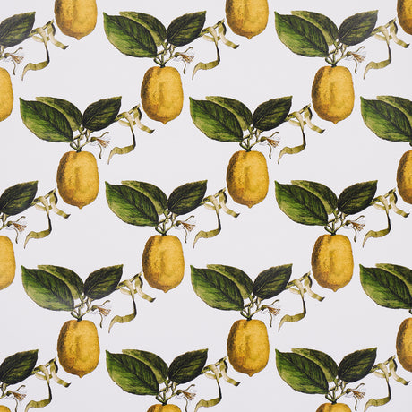 Le Citron Ivory wallpaper by Johnson Hartig for Schumacher, featuring a whimsical lemon and leafy lattice pattern.