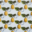 Le Citron Sky wallpaper by Johnson Hartig for Schumacher, featuring a whimsical lemon and ribbon pattern on a light blue background.