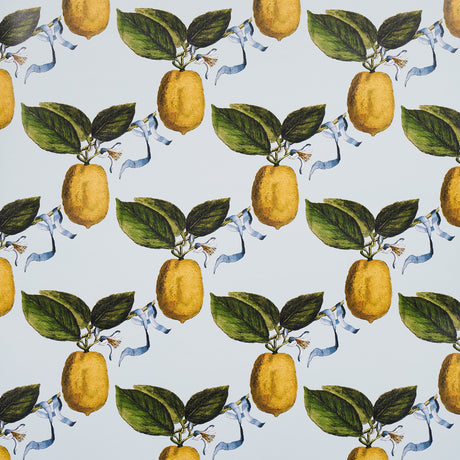 Le Citron Sky wallpaper by Johnson Hartig for Schumacher, featuring a whimsical lemon and ribbon pattern on a light blue background.