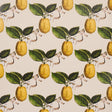 Le Citron wallpaper in natural by Johnson Hartig for Schumacher, featuring a whimsical lattice of leafy lemons and ribbon accents on a neutral background.