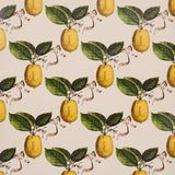 Le Citron wallpaper in natural by Johnson Hartig for Schumacher, featuring a whimsical lattice of leafy lemons and ribbon accents on a neutral background.