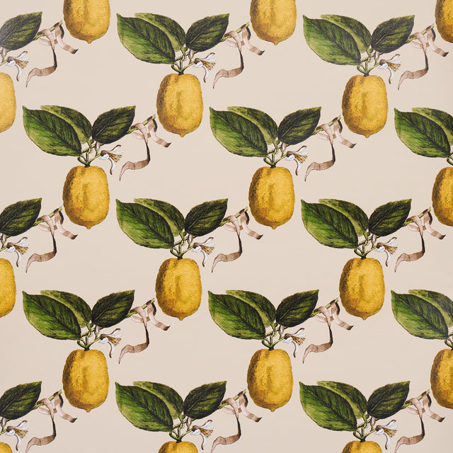 Le Citron wallpaper in natural by Johnson Hartig for Schumacher, featuring a whimsical lattice of leafy lemons and ribbon accents on a neutral background.