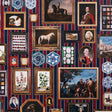 Le Grand Tour wallpaper by Johnson Hartig for Schumacher, featuring a trompe l'oeil gallery of antique paintings and collectibles on a striped background.