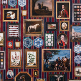Le Grand Tour wallpaper by Johnson Hartig for Schumacher, featuring a trompe l'oeil gallery of antique paintings and collectibles on a striped background.