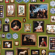 Le Grand Tour wallpaper in English Green by Johnson Hartig for Schumacher, featuring an eclectic gallery of antique paintings and collectibles on a green background.