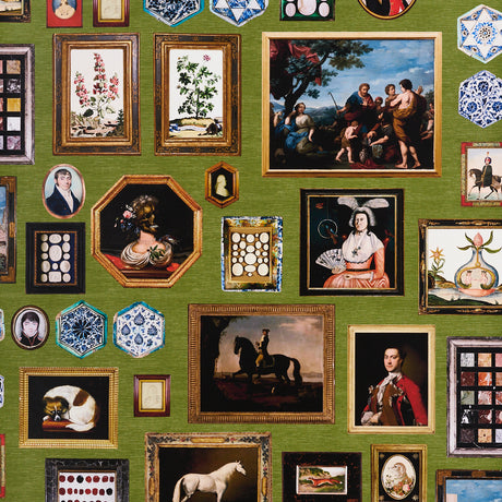 Le Grand Tour wallpaper in English Green by Johnson Hartig for Schumacher, featuring an eclectic gallery of antique paintings and collectibles on a green background.