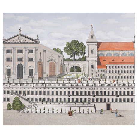 Piazza Firenze Panel Set wallpaper by Schumacher, designed by Johnson Hartig, featuring a detailed architectural panorama inspired by antique documents.