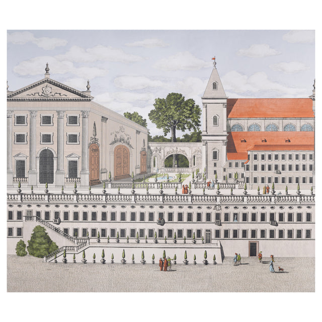 Piazza Firenze Panel Set wallpaper by Schumacher, designed by Johnson Hartig, featuring a detailed architectural panorama inspired by antique documents.
