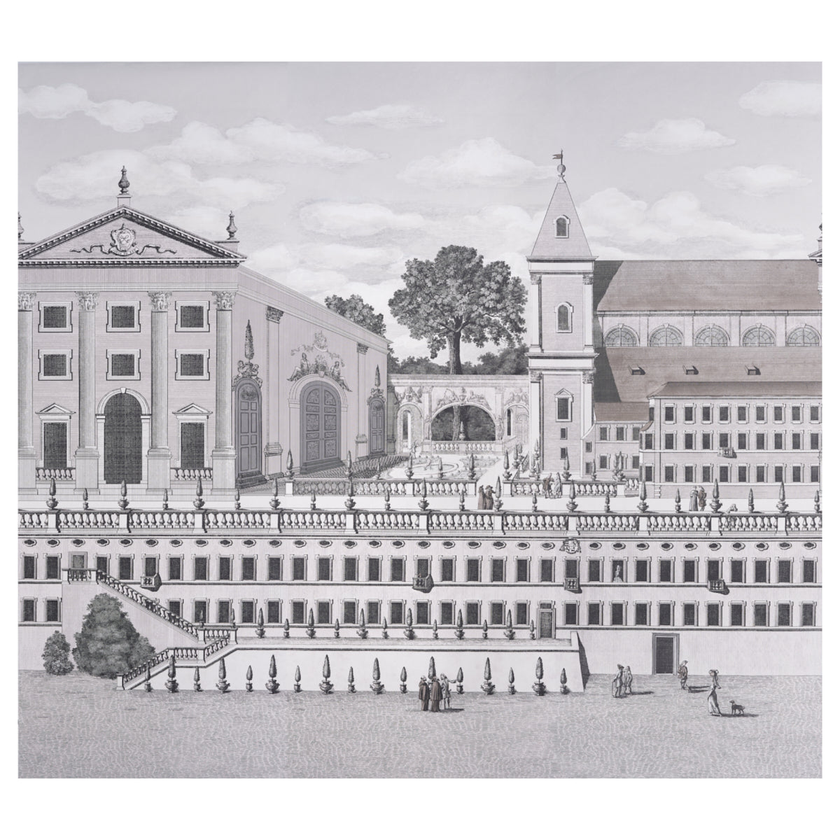 Piazza Firenze Panel Set in Grisaille by Schumacher, a three-panel architectural panorama wallpaper designed by Johnson Hartig.