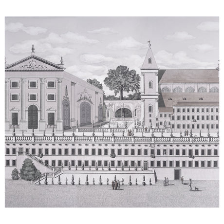 Piazza Firenze Panel Set in Grisaille by Schumacher, a three-panel architectural panorama wallpaper designed by Johnson Hartig.