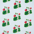 Strawberry Hill blue wallpaper by Schumacher, featuring a playful pattern of strawberries and leaves on a light blue background, designed by Johnson Hartig.