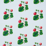 Strawberry Hill blue wallpaper by Schumacher, featuring a playful pattern of strawberries and leaves on a light blue background, designed by Johnson Hartig.
