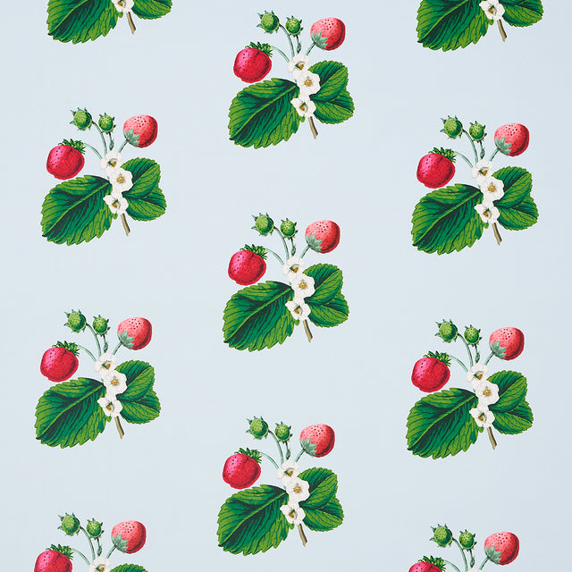Strawberry Hill blue wallpaper by Schumacher, featuring a playful pattern of strawberries and leaves on a light blue background, designed by Johnson Hartig.