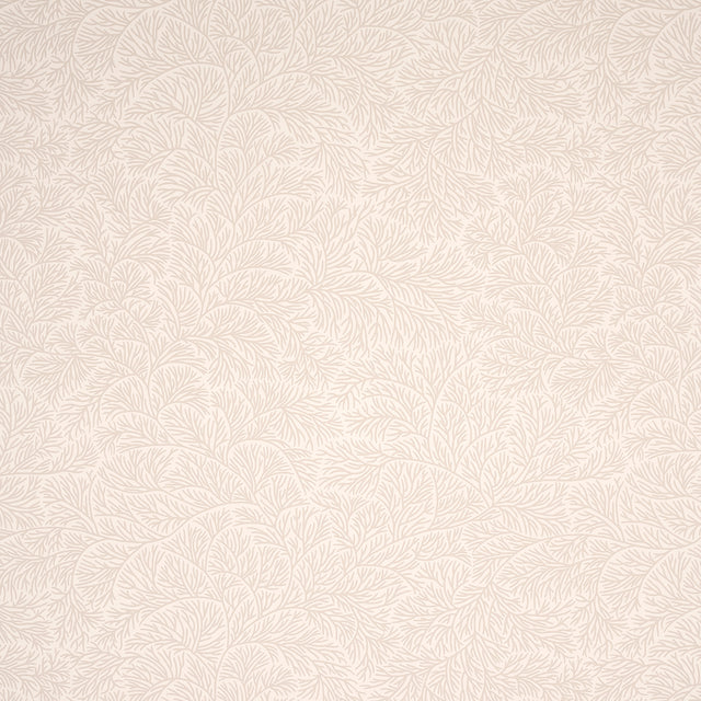 Bougainvillea Neutral wallpaper by Schumacher in a subtle botanical pattern, shown in a styled bedroom and close-up detail.