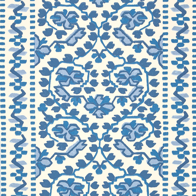 JASMINE Indigo by Schumacher Blue and White Floral Stripe Wallpaper – Schumacher 5014340