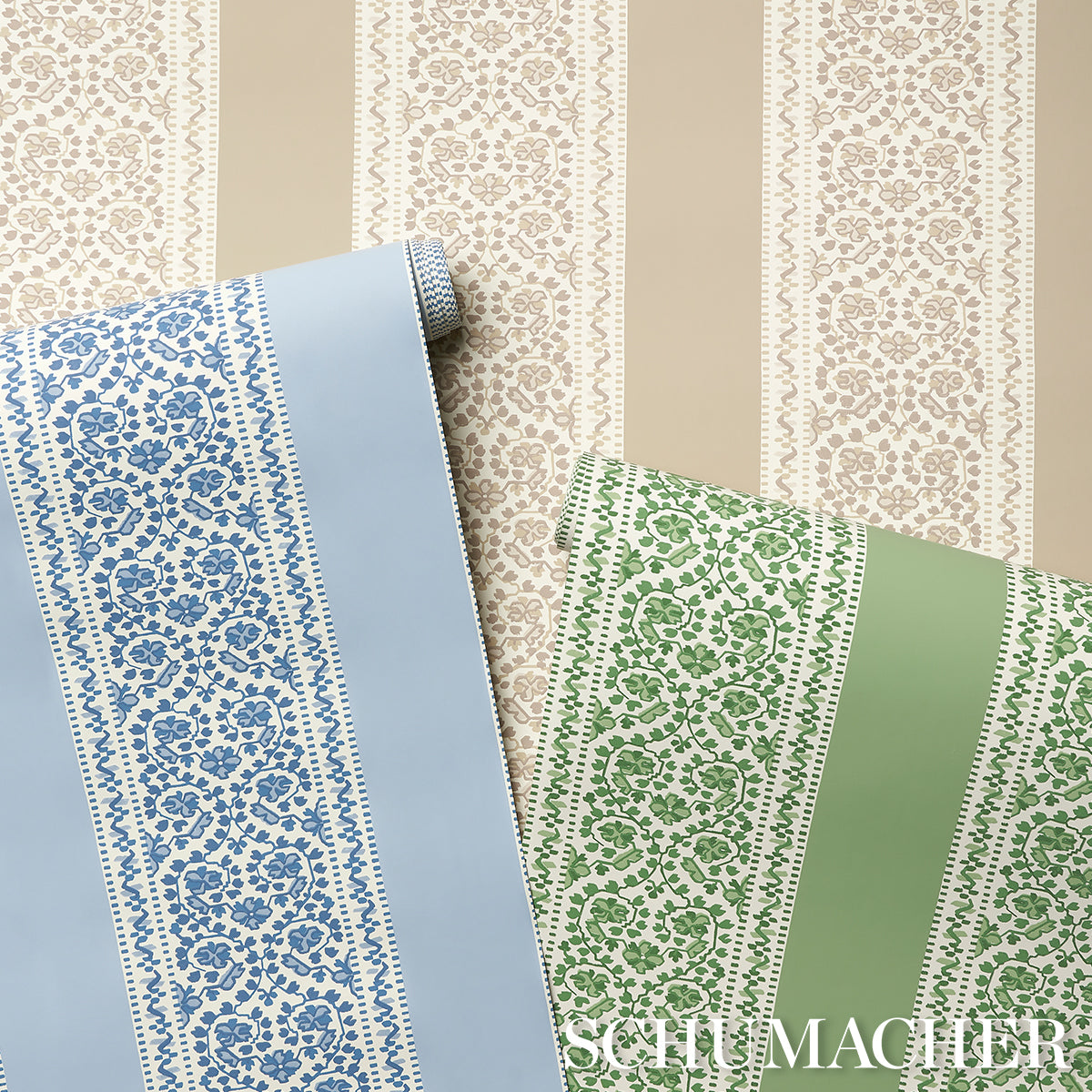 JASMINE Indigo by Schumacher Blue and White Floral Stripe Wallpaper – Schumacher 5014340