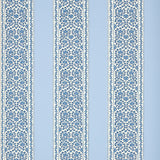 JASMINE Indigo wallpaper by Schumacher featuring a blue and white floral stripe pattern, shown in a styled interior and product detail shots.