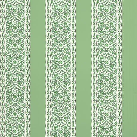 JASMINE wallpaper in Leaf Green from Schumacher's Moon River collection, featuring a botanical stripe pattern in green and white.