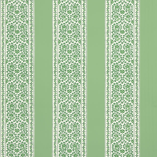 JASMINE wallpaper in Leaf Green from Schumacher's Moon River collection, featuring a botanical stripe pattern in green and white.