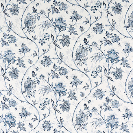 Chinoiserie Vine wallpaper in cobalt blue by Mark D. Sikes for Schumacher, featuring an intricate floral and vine pattern.