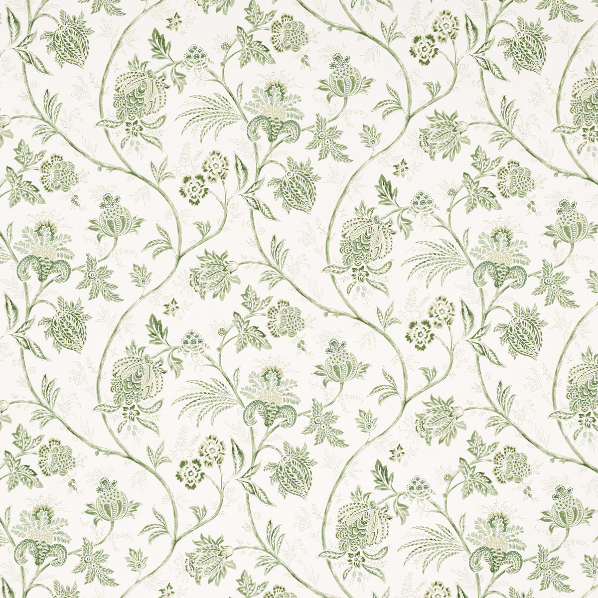 Chinoiserie Vine wallpaper in Leaf Green by Mark D. Sikes for Schumacher, featuring an exotic floral vine pattern in green on white.
