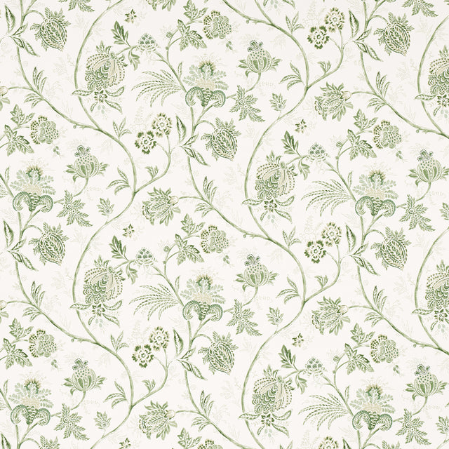 Chinoiserie Vine wallpaper in Leaf Green by Mark D. Sikes for Schumacher, featuring an exotic floral vine pattern in green on white.