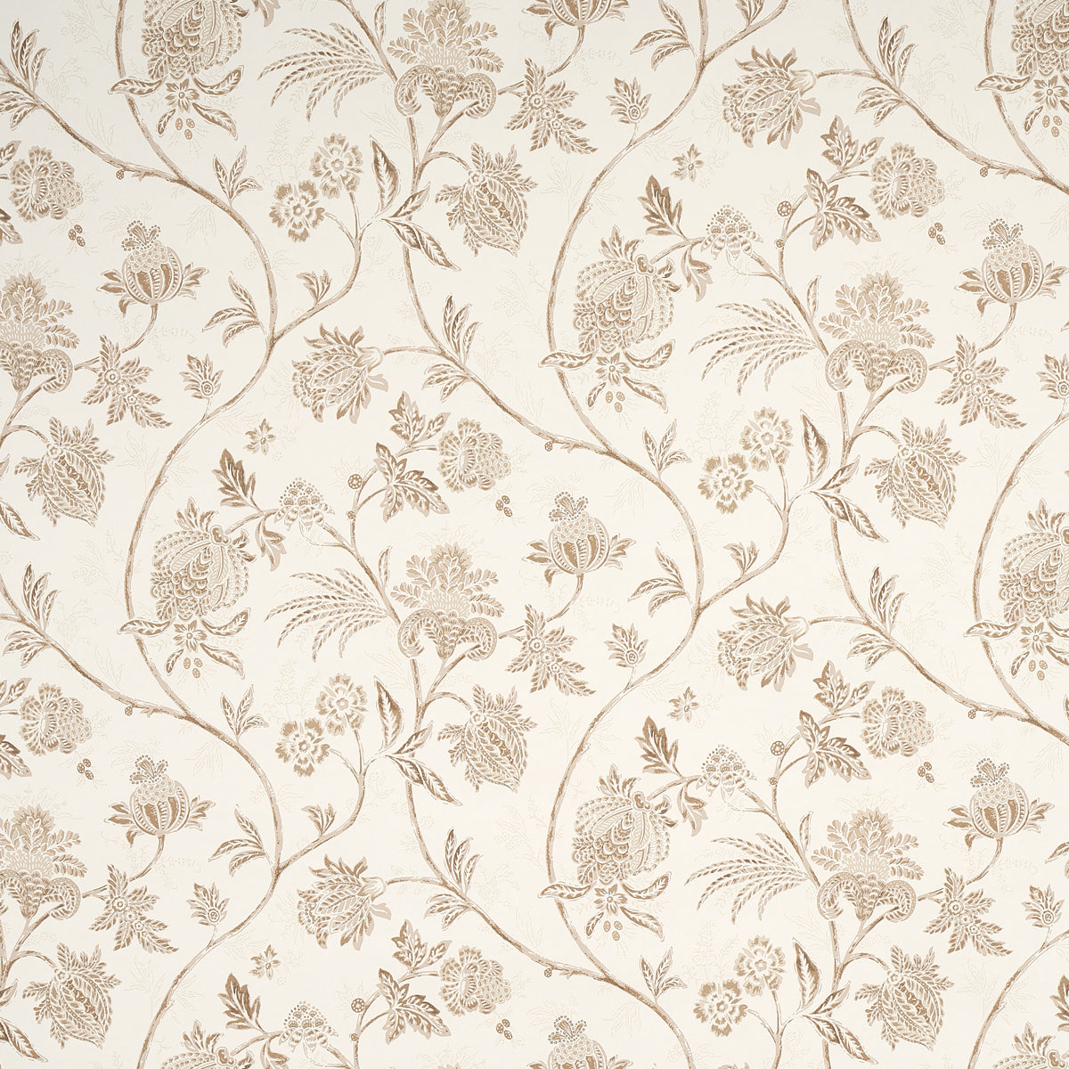 Chinoiserie Vine wallpaper in neutral by Mark D. Sikes for Schumacher, featuring an elegant floral vine pattern in beige and taupe tones.