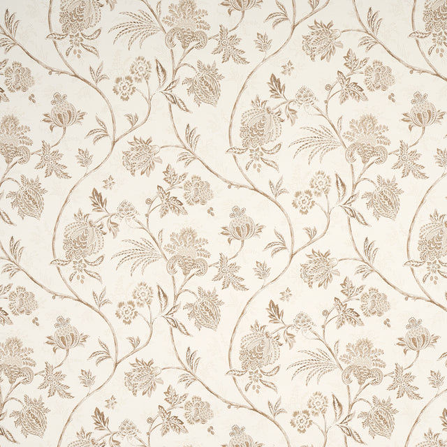 Chinoiserie Vine wallpaper in neutral by Mark D. Sikes for Schumacher, featuring an elegant floral vine pattern in beige and taupe tones.