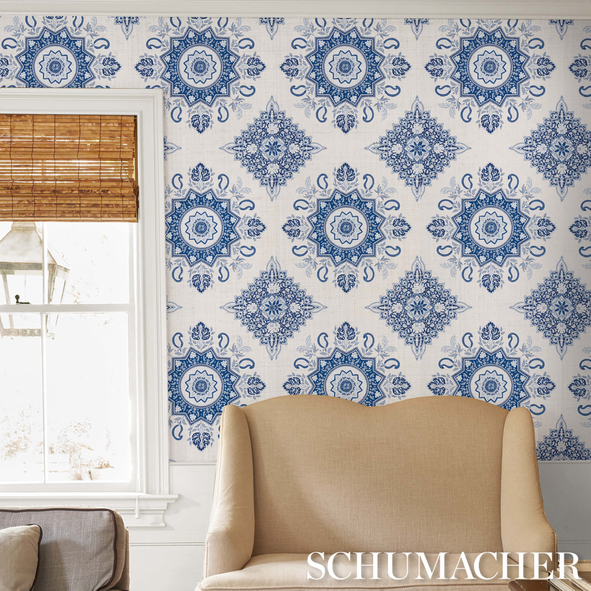 Montecito Medallion Indigo by Mark D. Sikes Large-Scale Medallion Wallpaper – Schumacher 5014360