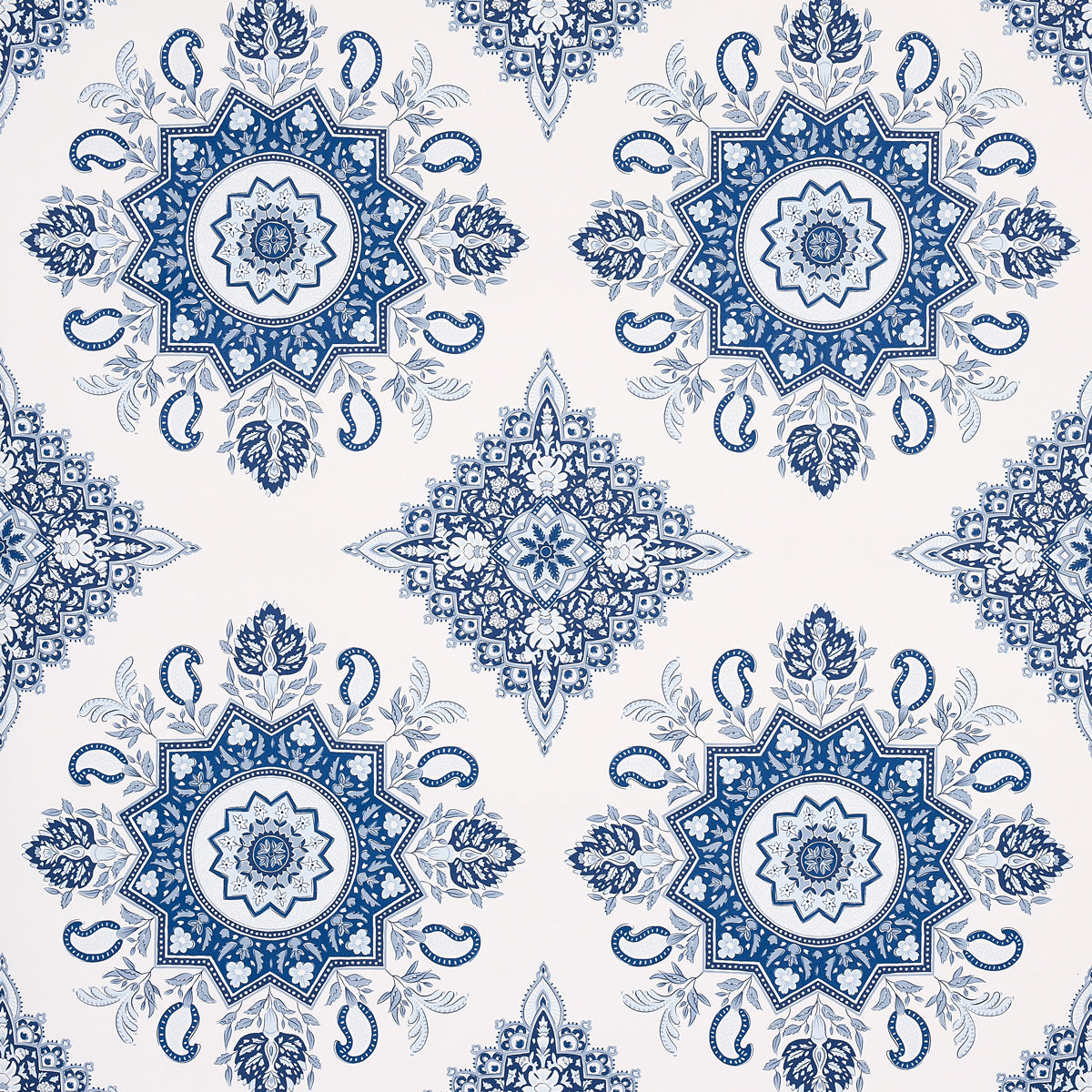 Montecito Medallion indigo wallpaper by Mark D. Sikes for Schumacher, large-scale medallion pattern inspired by India and Turkey.
