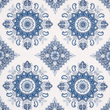 Montecito Medallion indigo wallpaper by Mark D. Sikes for Schumacher, large-scale medallion pattern inspired by India and Turkey.