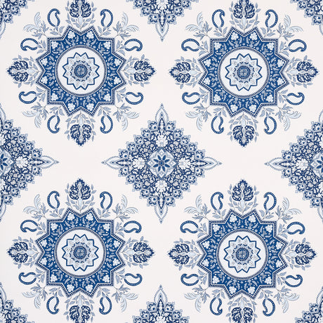 Montecito Medallion indigo wallpaper by Mark D. Sikes for Schumacher, large-scale medallion pattern inspired by India and Turkey.
