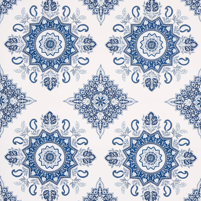 Montecito Medallion indigo wallpaper by Mark D. Sikes for Schumacher, large-scale medallion pattern inspired by India and Turkey.