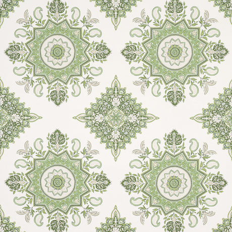 Montecito Medallion wallpaper in leaf green by Mark D. Sikes for Schumacher, featuring large-scale medallion motifs inspired by India and Turkey.