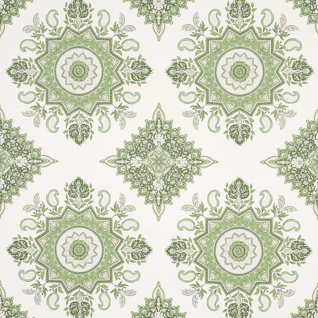 Montecito Medallion wallpaper in leaf green by Mark D. Sikes for Schumacher, featuring large-scale medallion motifs inspired by India and Turkey.