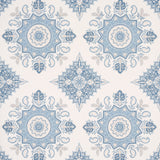 Montecito Medallion wallpaper in China Blue by Mark D. Sikes for Schumacher, featuring large-scale medallion motifs inspired by India and Turkey.