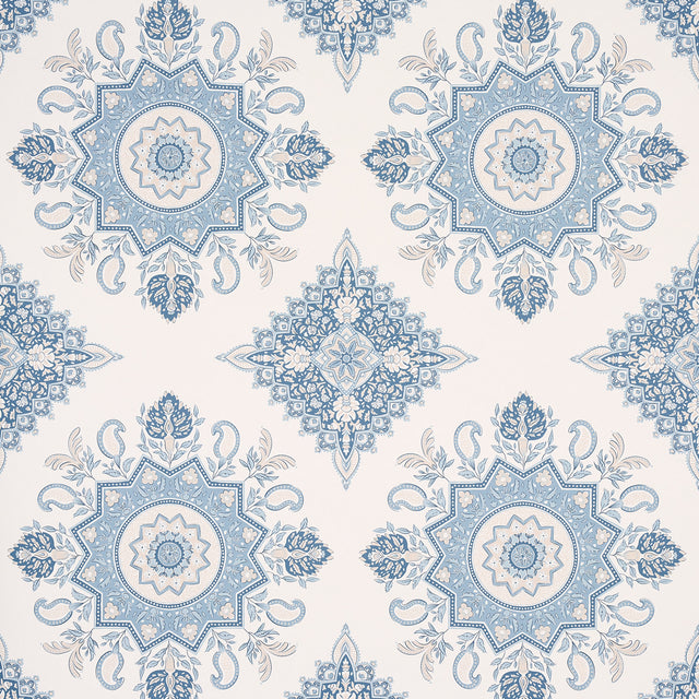 Montecito Medallion wallpaper in China Blue by Mark D. Sikes for Schumacher, featuring large-scale medallion motifs inspired by India and Turkey.