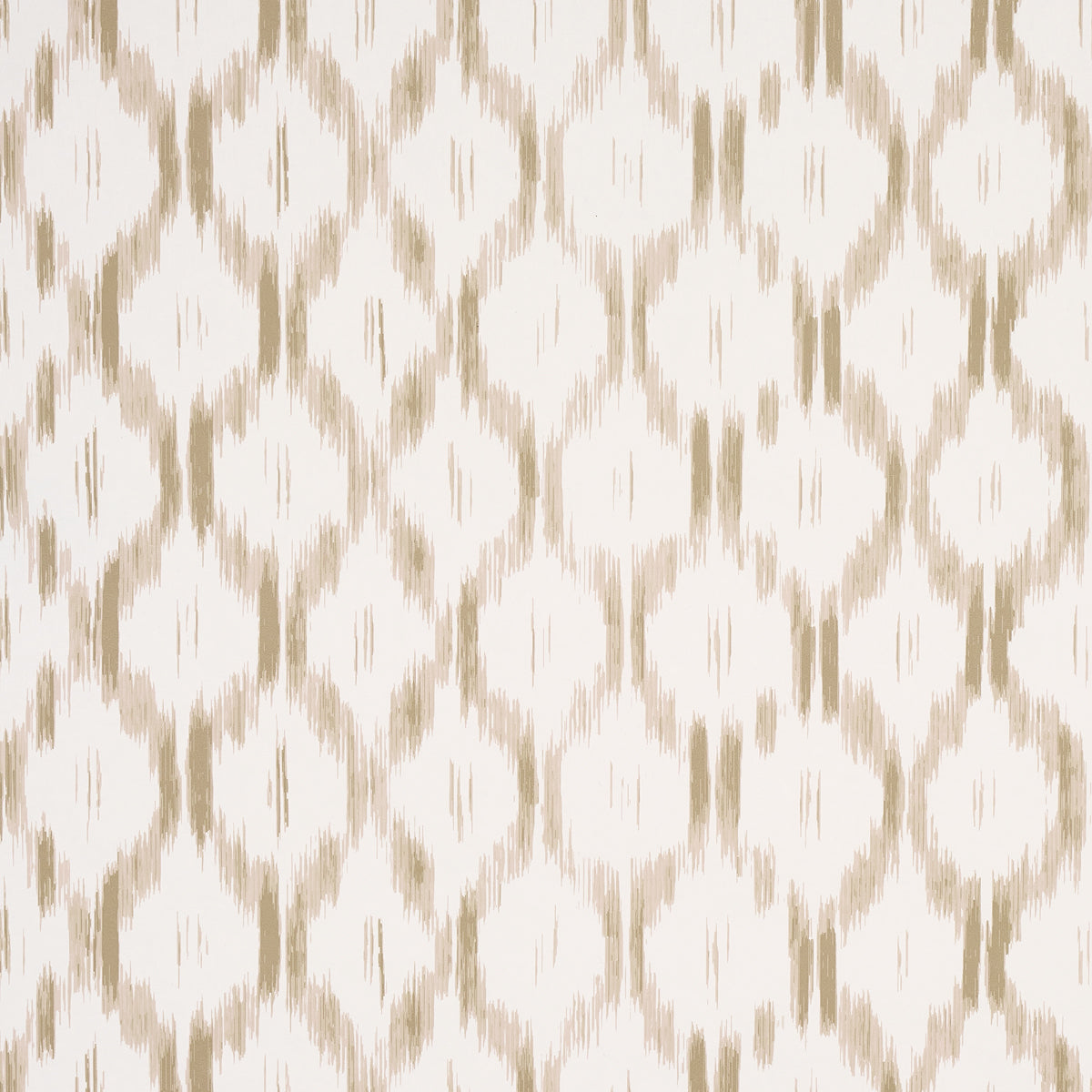 Santa Monica wallpaper in neutral by Mark D. Sikes for Schumacher, featuring an ikat-inspired geometric pattern in a living room setting.