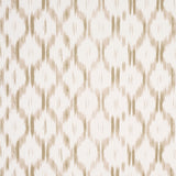 Santa Monica wallpaper in neutral by Mark D. Sikes for Schumacher, featuring an ikat-inspired geometric pattern in a living room setting.