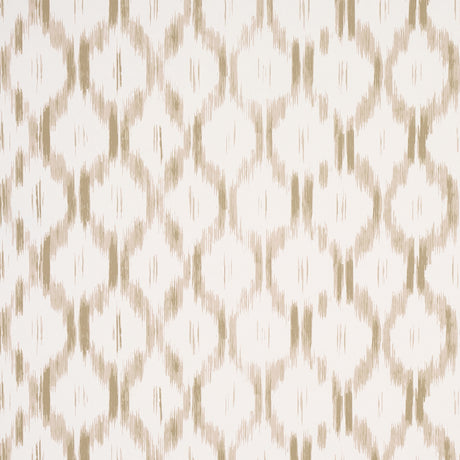 Santa Monica wallpaper in neutral by Mark D. Sikes for Schumacher, featuring an ikat-inspired geometric pattern in a living room setting.