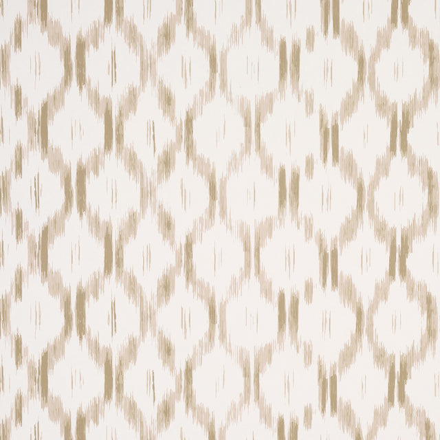 Santa Monica wallpaper in neutral by Mark D. Sikes for Schumacher, featuring an ikat-inspired geometric pattern in a living room setting.