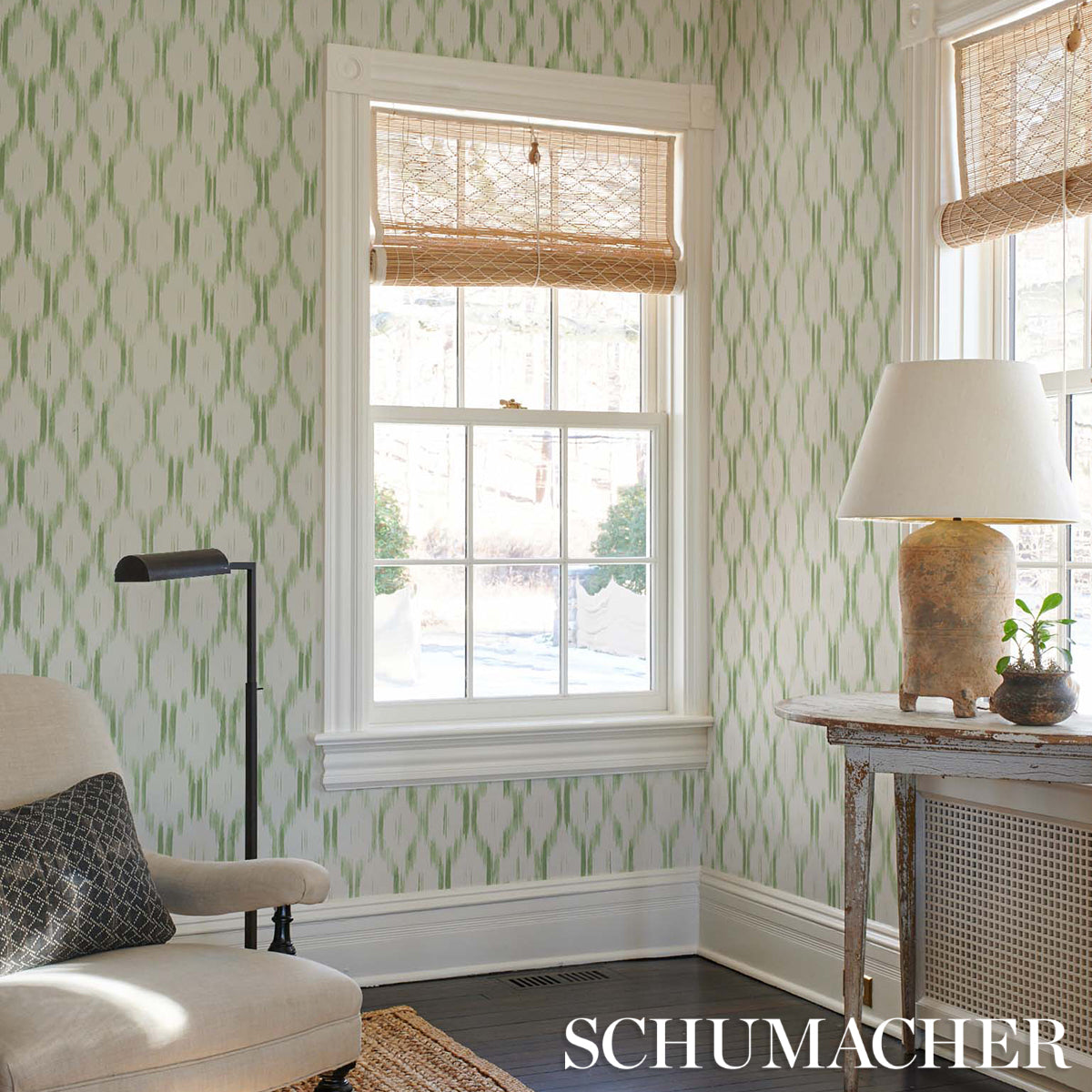 Santa Monica Leaf Green by Mark D. Sikes Ikat Wallpaper – Schumacher 5014372