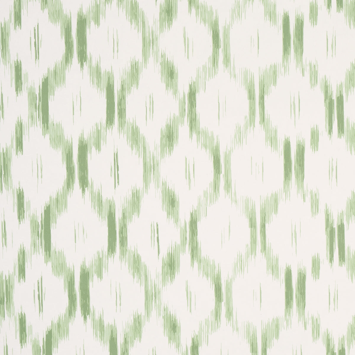 Santa Monica wallpaper in Leaf Green by Mark D. Sikes for Schumacher, featuring an archival ikat pattern in a fresh green and white colorway.