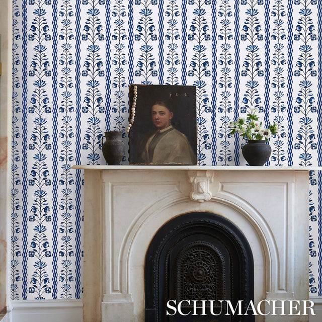 Delft Waves Blue by Marie-Anne Oudejans Floral Stripe Wallpaper – Schumacher 5014380