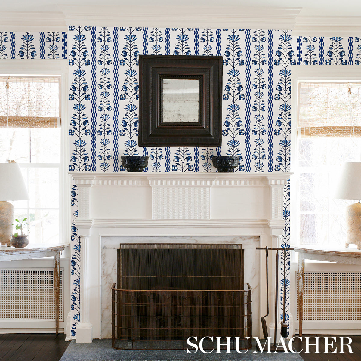 Delft Waves Blue by Marie-Anne Oudejans Floral Stripe Wallpaper – Schumacher 5014380